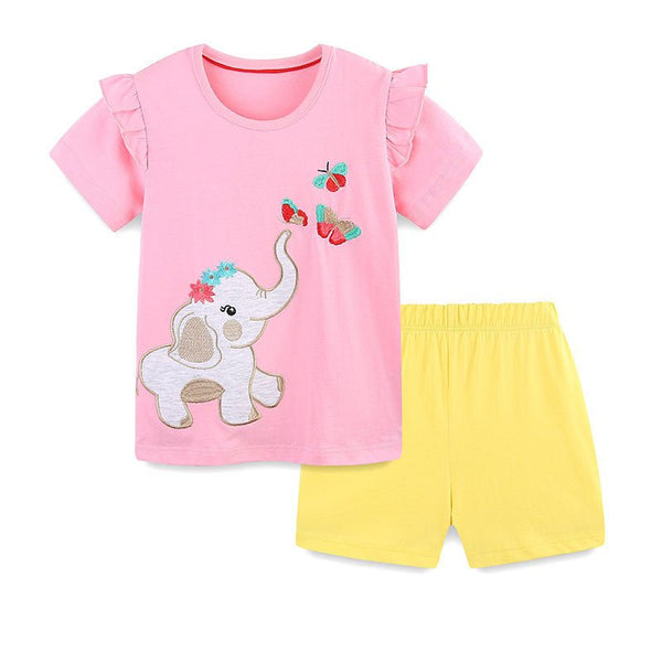 Toddler/Kid Girl Floral Elephant Embroidery Top and Shorts Set