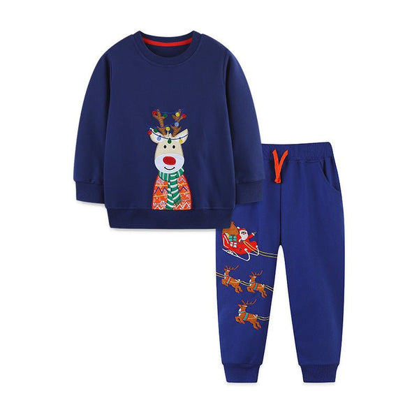 Toddler/Kid Boy Santa's Reindeer Embroidery Design Sweatshirt and Pants Set