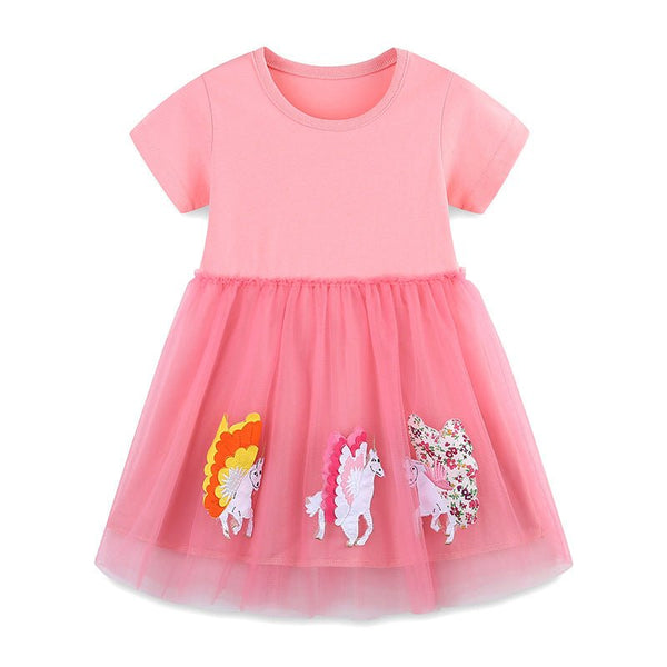 Toddler/Kid Girl's Unicorn with Colorful Wings Design Pink Dress