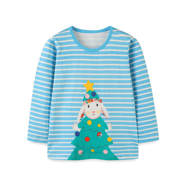 Toddler/Kid Girl's Blue Striped Bunny with Christmas Tree Design Top Tee