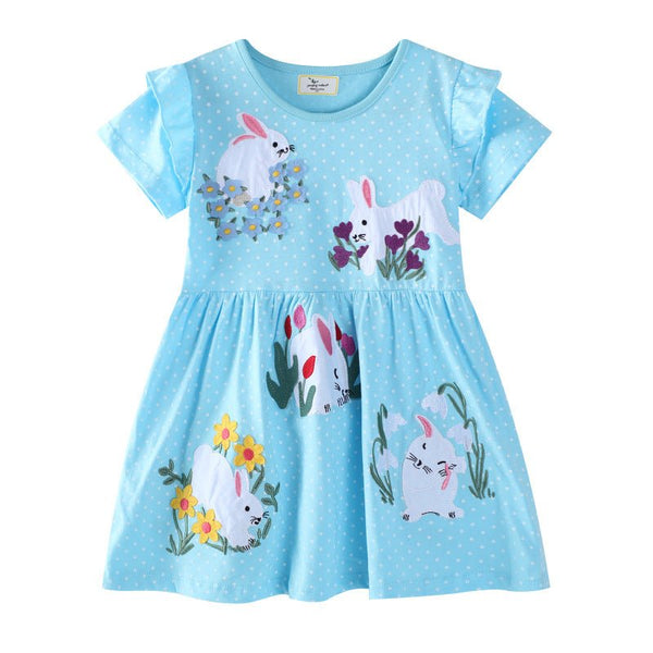 Toddler/Kid Girl's Blue Dress with Cute Rabbit Design