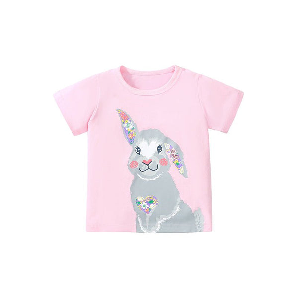 Toddler/Kid Girl's Short Sleeve Cartoon Bunny and Flowers Print Top