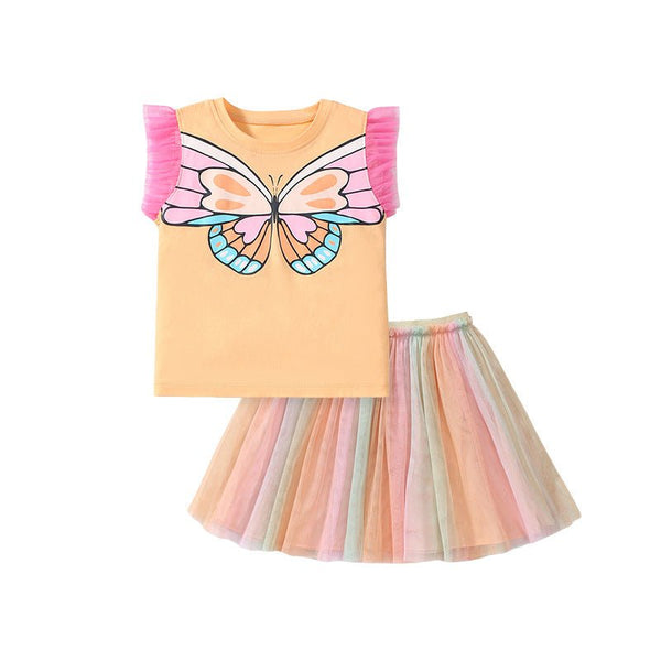 Toddler/Kid Girl's Butterfly Print Tee with Colorful Skirt