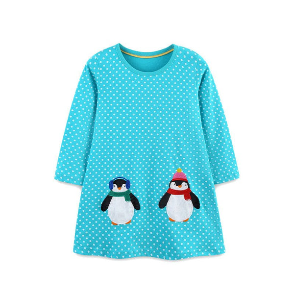 Toddler/Kid Girl Long Sleeve Cute Penguins Embroidery Design Dress