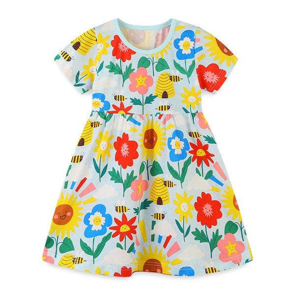 Toddler/Kid Girl's Short Sleeve Sunflower and Bee Print Design Dress