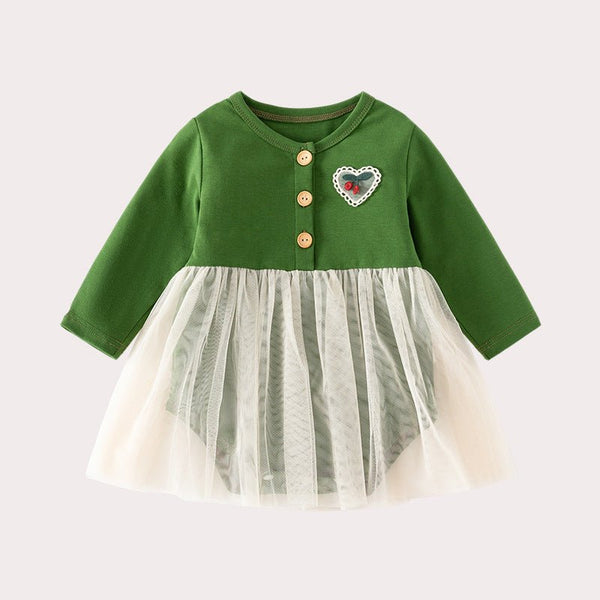 Sweet Cherry Design Green Dress for Baby Girls