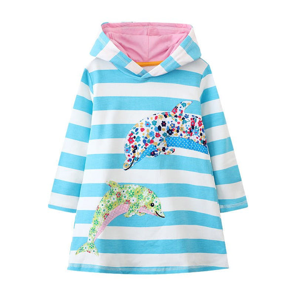 Toddler/Kid Girl Long Sleeve Dolphins Embroidery Design Blue Dress