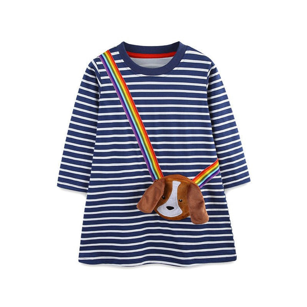 Toddler/Kid Girl Long Sleeve Dog Embroidery Design Pocket Dark Blue Dress