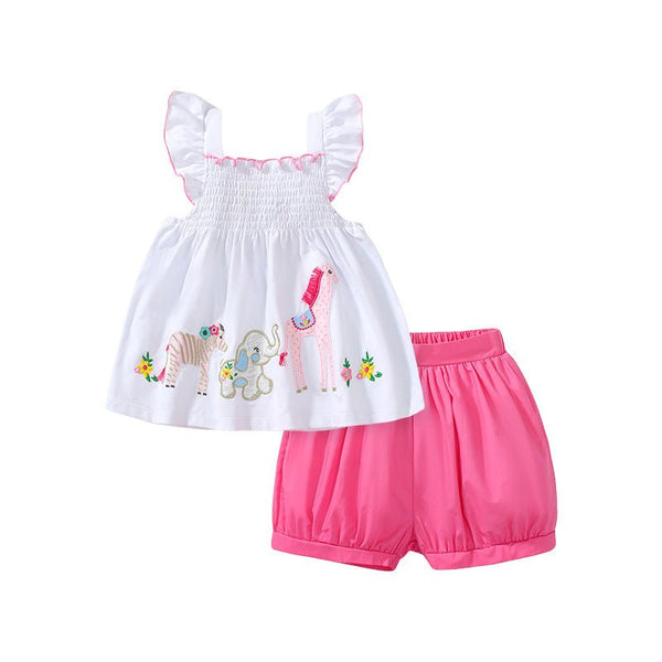 Toddler/Kid Girl's Cute Animals Embroidery Design Top With Shorts Set