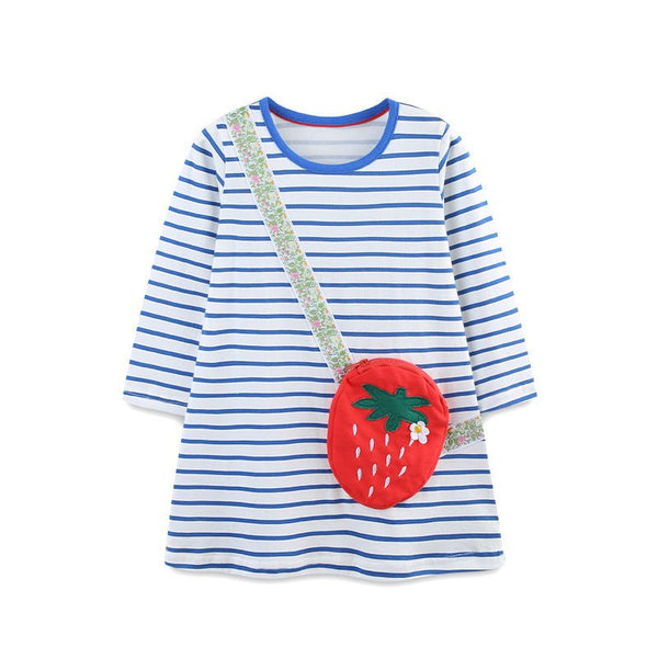 Toddler/Kid Girl Long Sleeve Strawberry Design Pocket Blue Dress