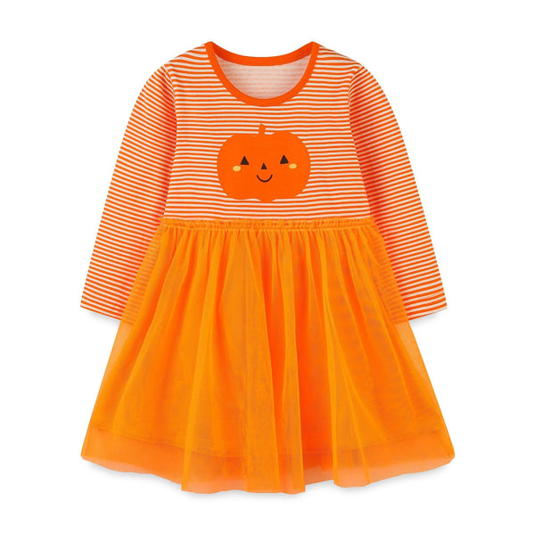 Toddler/Kid Girl's Orange Halloween Pumpkin Design Long Sleeve Dress