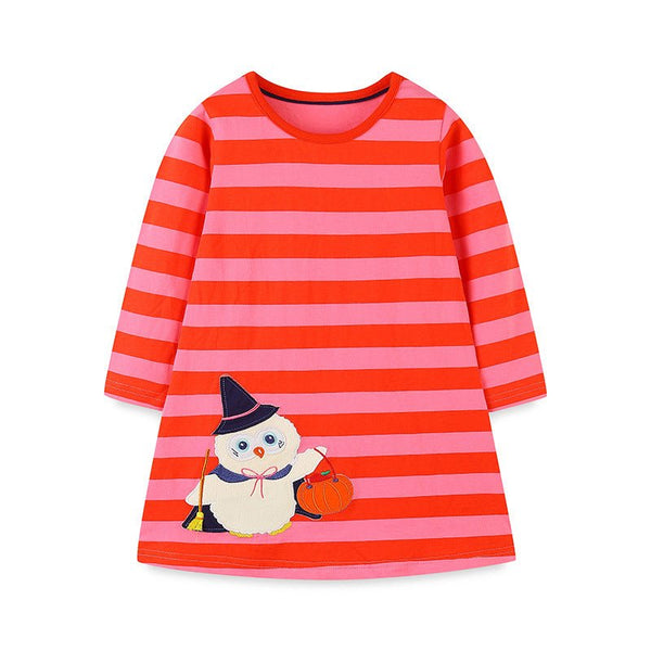 Toddler/Kid Girl Owl Wizard Embroidery Stripes Long Sleeve Dress
