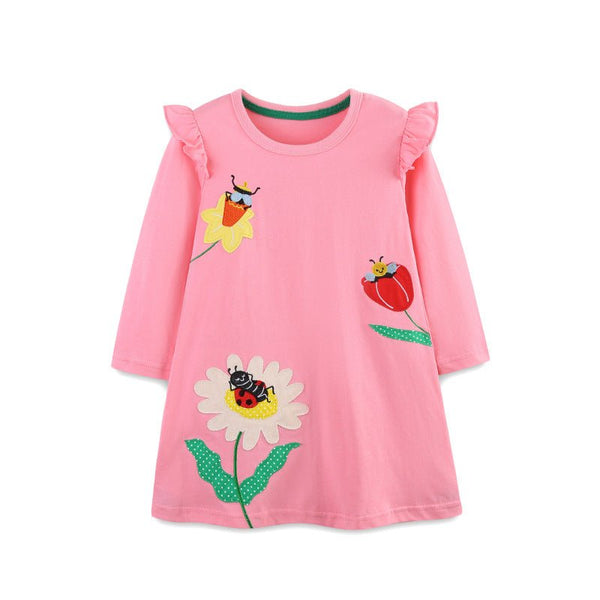 Toddler/Kid Girl Long Sleeve Cartoon Flower Design Pink Dress