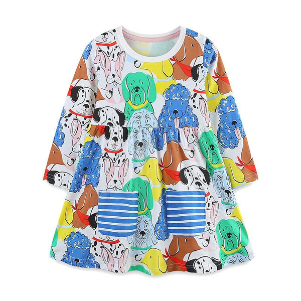 Toddler/Kid Girl Colorful Dogs Print Long Sleeve Dress