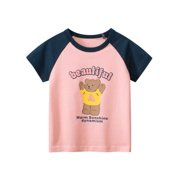 Toddler/Kid Girl's Short Sleeve Cartoon Bear Print Design Pink T-shirt