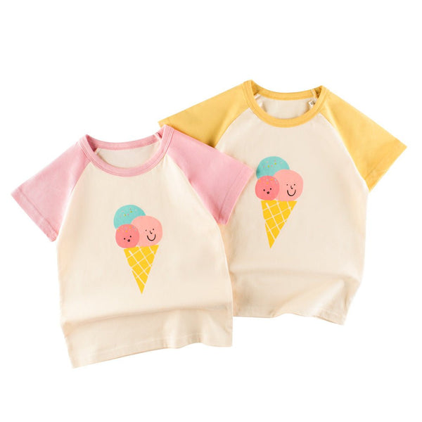 Toddler/Kid Girl's Short Sleeve Cartoon Ice-Cream Print Design T-Shirt (2 Colors）