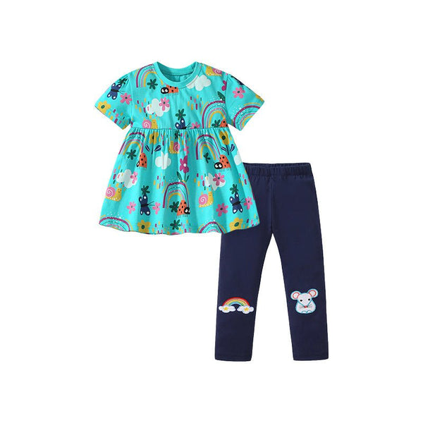 Toddler/Kid Girl's Short Sleeve Rainbow Print Dress with Mouse Design Leggings Set