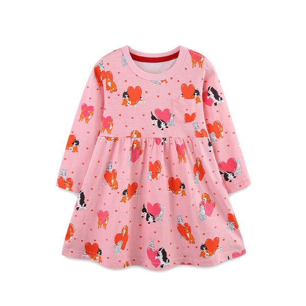 Toddler/Kid Girl Long Sleeve Heart with Animal Print Design Dress