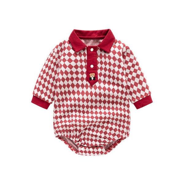 Baby's Plaid Long-Sleeve Onesie with Little Bear Embroidery (3 Colors)
