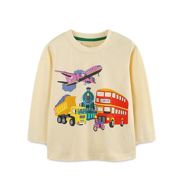 Toddler/Kid Boy's Long Sleeve Five Transportation Print Design T-Shirt