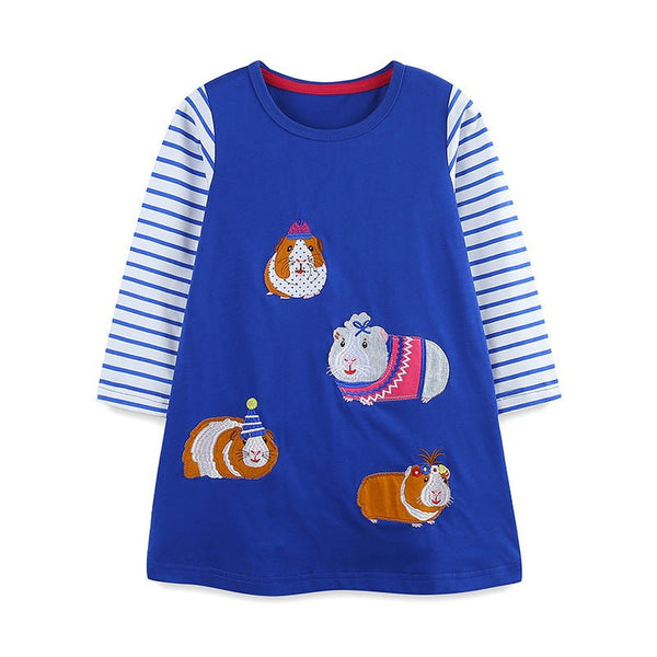 Toddler/Kid Girl Long Sleeve Guinea Pigs Embroidery Design Blue Dress