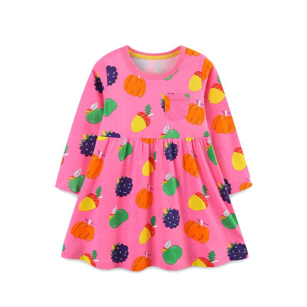 Toddler/Kid Girl Long Sleeve Pumpkin and Grapes Print Design Dress