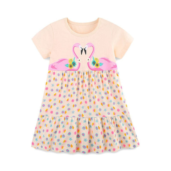 Toddler/Kid Girl Flamingos and Florals Short Sleeve Dress