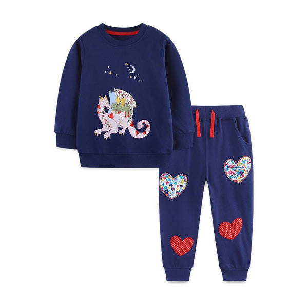 Toddler/Kid Girl Cartoon Dinosaur Embroidery Design Sweatshirt and Pants Set