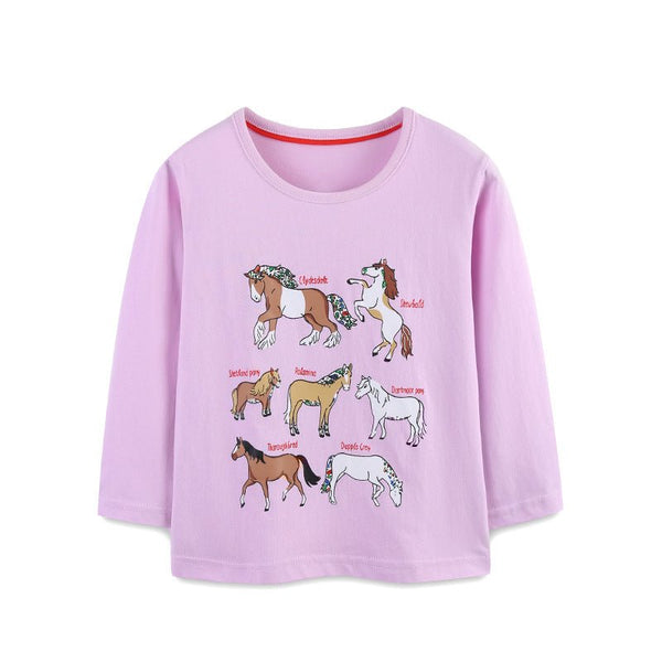Toddler/Kid Girl Long Sleeve Horses Print Design Purple T-Shirt