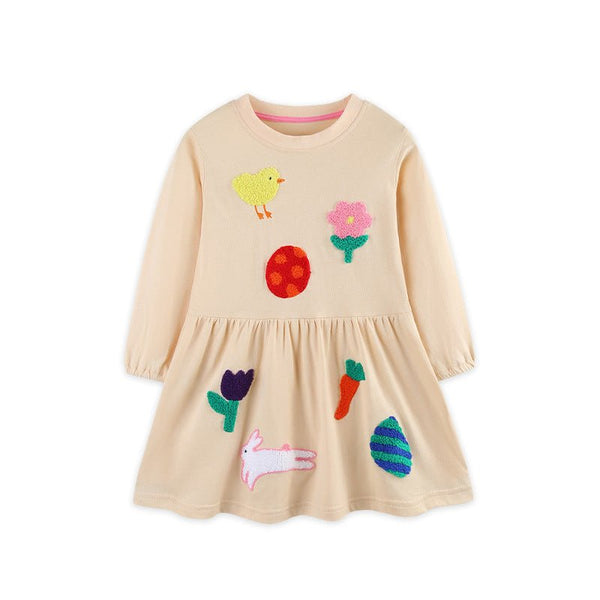 Toddler/Kid Girl Chick and Bunny Cartoon Embroidery Design Dress