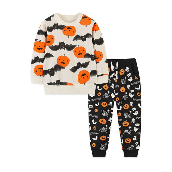 Toddler/Kid Boy Pumpkin and Bat Print Design Sweatshirt and Pants Set