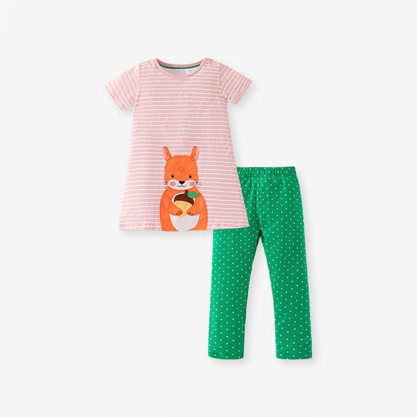 Toddler/Kid Girl's Short Sleeve Cartoon Squirrel Embroidery Design Tee With Leggings Set