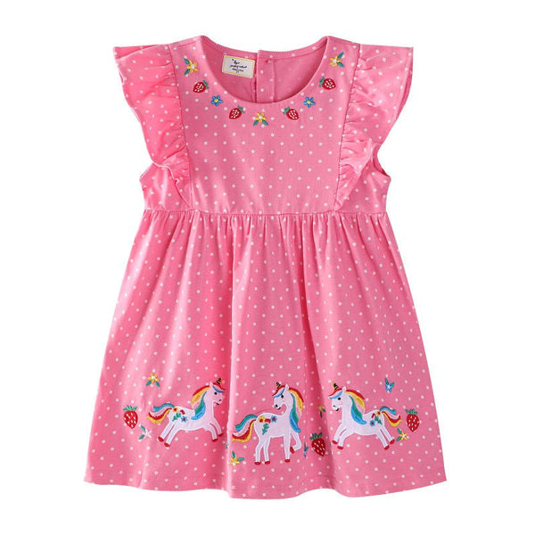 Toddler/Kid Girl's Strawberry with Unicorn Design Pink Dress