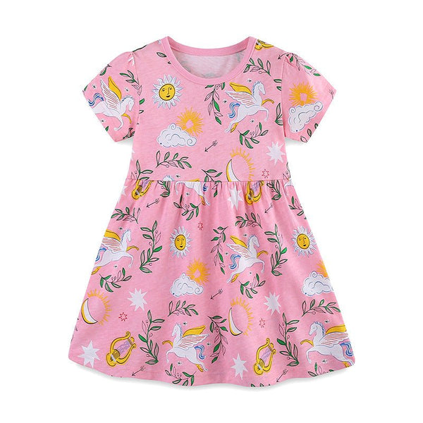 Toddler/Kid Girl's Short Sleeve Pink Unicorn Design Cotton Dress