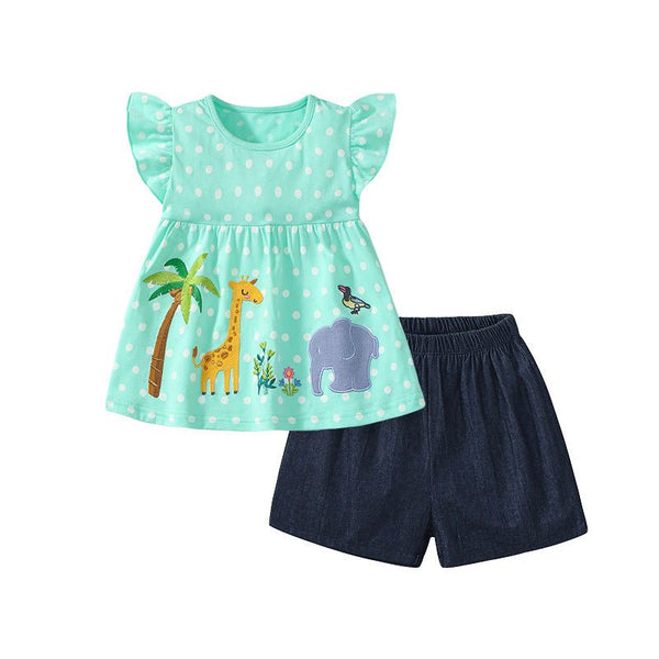 Toddler/Kid Girl's Cute Animals Design Blue Tee with Shorts Set