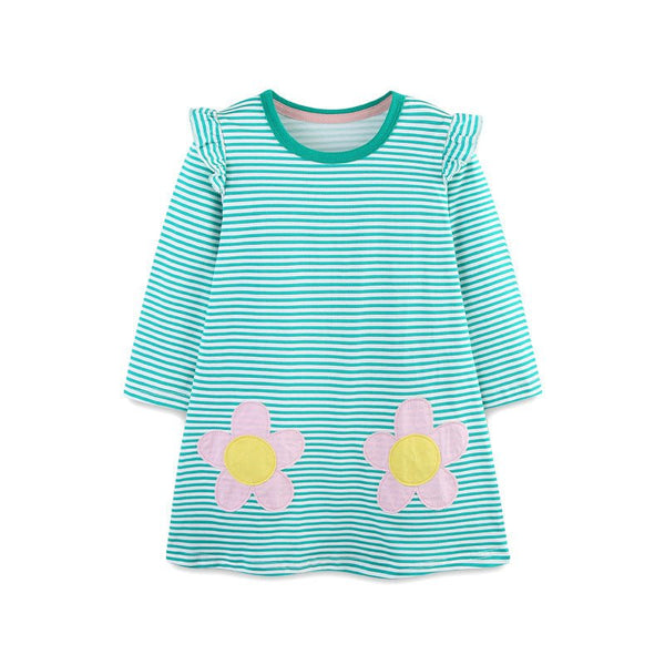 Toddler/Kid Girl Long Sleeve Pink Floral Embroidery Design Green Striped Dress
