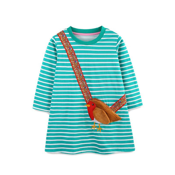 Toddler/Kid Girl Long Sleeve Bird Design Pocket Green Dress