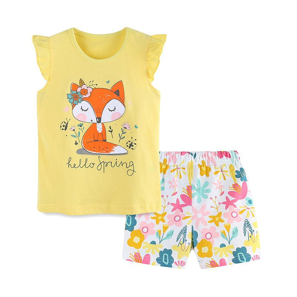 Toddler/Kid Girl's Short Sleeve Springtime Fox Print Design Tee with Shorts Set