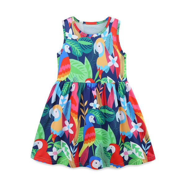 Toddler/Kid Girl Tropical Birds and Leaves Colorful Sleeveless Dress