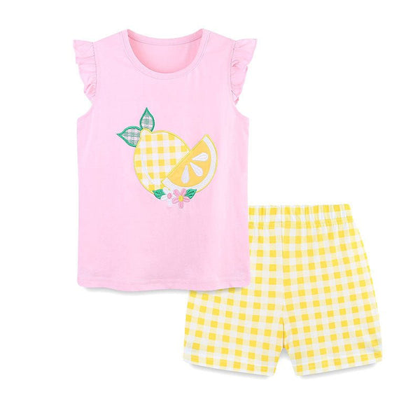Toddler/Kid Girl Lemon Embroidery Pink Top and Yellow Shorts Set