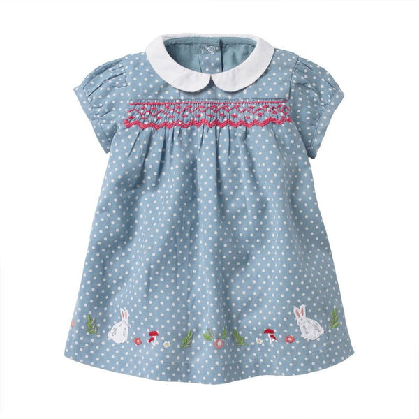 Toddler/Kid Girl's Short Sleeve Bunny and Flowers Design Blue Dress