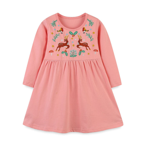 Toddler/Kid Girl's Pink Deer Embroidered Long-sleeve Dress
