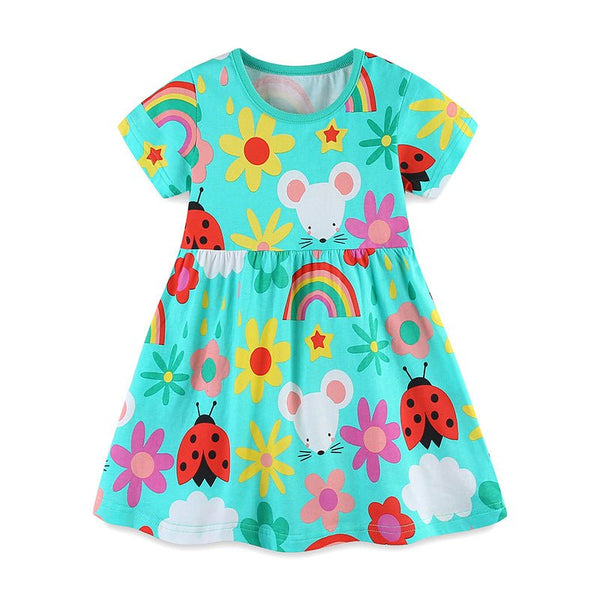 Toddler/Kid Girl's Cartoon Rainbow with Flowers Print Design Dress