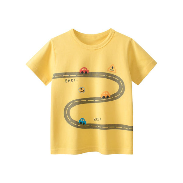 Toddler/Kid Boy's Short Sleeve Car Racing Print Design Yellow Tee