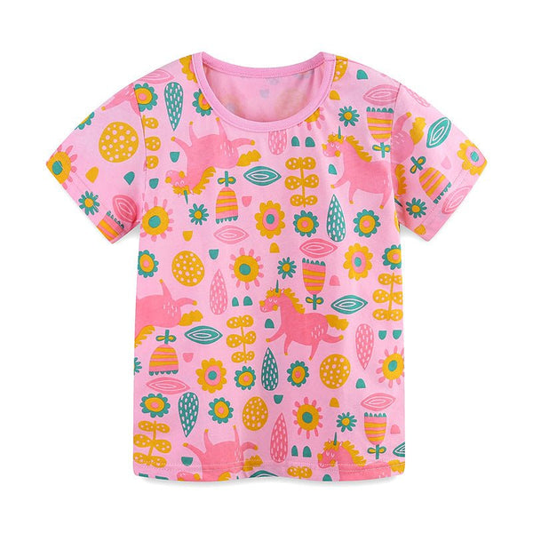Toddler/Kid Girl's Short Sleeve Floral Unicorn Print Design Pink T-Shirt