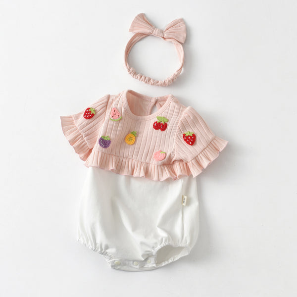 Baby Girl Fruits Design with Ruffle Sleeves Onesie and Headband Set
