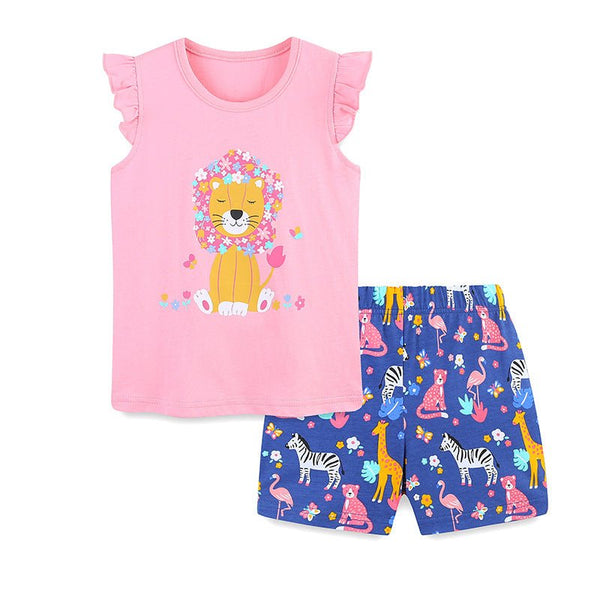 Toddler/Kid Girl Floral Animals Ruffled Sleeves Top and Shorts Set