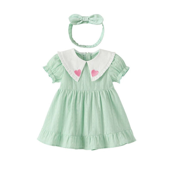 Toddler/Kid Girl's Short Sleeve Heart Embroidery Design Green Dress with Headband Set