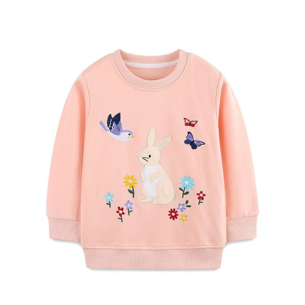 Toddler/Kid Girl Bird and Rabbit Embroidery Design Pink Sweatshirt