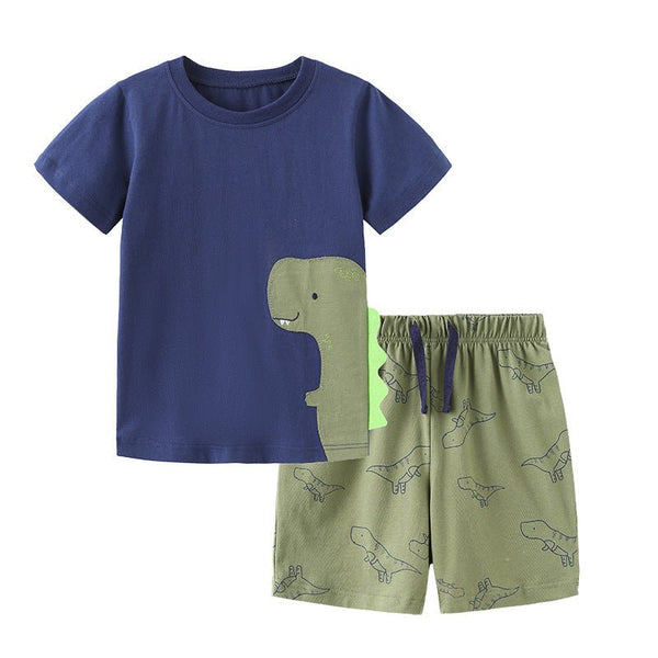 Toddler/Kid Boy's Short Sleeve Cartoon Green Dino Print Design T-Shirt with Shorts Set